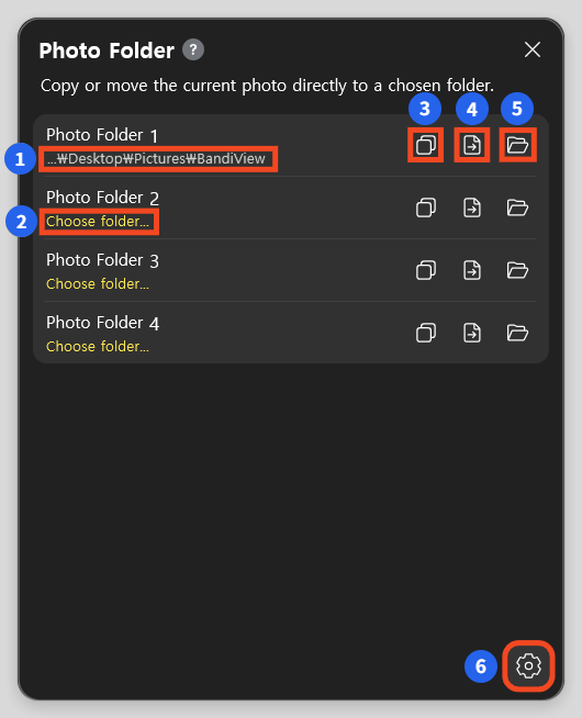 Photo Folder controls numbered 1–6: destination path, choose folder, copy, move, open folder, and settings